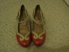 BN BLOOD RED & BEIGE DOLLY SHOES SIZE 5 