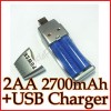 2 pcs AA 2A rechargeable battery blue + 1 USB charger 