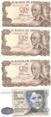 LOTE 3 BILLETES 100 PTS 1979 EBC+Y 1 500 PTS 1979 SC