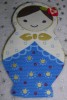 SWEET  FABRIC RUSSIAN DOLL  BROOCH NEW BLUE / WHITE 