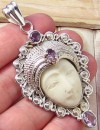 GODDESS CARVED OX BONE,AMETH.925 SILVER PENDANT 2 7/8