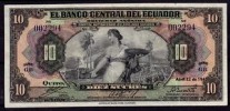 ECUADOR, 10 SUCRES NOTE P.92 22th April 1941 AU/XF 