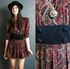 Vtg 80s PAISLEY SUEDE INSERT calico puff slv mini dress 