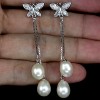 LOVELY REAL CREAMY WHITE PEARL & CZ 925 SILVER EARRINGS 