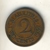 MAURITIUS 2 CENTS 1957 COPPER VF+     20T 