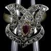 VINTAGE STYLE DEEP RED RUBY & CZ 2-TONE 925 SILVER RING 