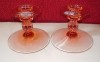 PAIR OF PINK DEPRESSION GLASS CANDLE HOLDERS-WIDE BASE 