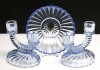 3PC IMPERIAL NEWBOUND PATTERN CANDLEHOLDERS & BOWL BLUE 