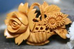 ANTIQUE CARVED WOOD ROSE FLOWER BASKET PIN BROOCH 