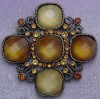 Amber & Lemon Glass Rhinestone Pierced Metal Brooch 