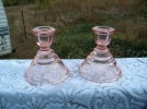 DEPRESSION GLASS (PINK CANDLE HOLDER'S PAIR 4 1/4