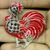 LUXURY! REDDISH GARNET 925 SILVER ENAMEL ROOSTER BROOCH 