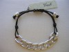 DESIGNER FOSSIL BRACELET BLK. LEATHER BEADS & CHAIN NWT 