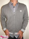 MENS GREY WHITE FINE KNIT SLIMFIT TOP CARDY CARDIGAN- S 