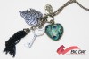 Retro Heart Peacock Key Leaf Tassels Pendant Necklace 