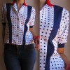 Vtg 80's Polka DOT POP Blouse top White red blue L p 