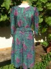 Vintage floral jewel blue pink tea dress matching belt M 10 12 