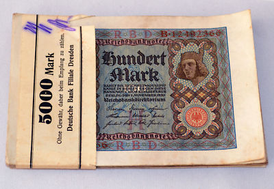 5000 Mark gebündelt, 50 x Hundert Mark Reichsbanknote 1920 - 6.01 EUR