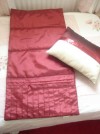 DEEP RED SATN BED RUNNER SLIGHTLY QUILTED WITH MATCHING SEQUINED CUSHION 