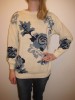 Vintage Cream & Blue Rose Floral Cotton Knit Jumper Kitsch 8 10 12 