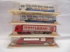 Majorette models:  #340 Container, #319 Pompier ECH and two #373 Autocars 