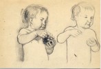 Dibujo a lápiz. Título: Niño comiendo fruta y sin ella. 