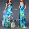 Strapless Blues Floral Printed Ruffles Ribbon Long Evening Dress 09653 US Size 6 (610585941591) 