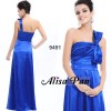 BNWT One Shoulder Blue Bow Ruffles Padded Satin Long Prom Gown 09491 US Size 8 (610585149737) 