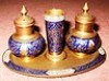  Vintage Enamel and Brass Cruet Set Salt Pepper on A Tray 