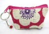  Pink Flower Printed Sacks Fabric Coin Purse Wallet with Zipper and Keychain 