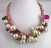  Chunky Golded Shell Pearl Handmade Beaded Pink Collar Bib Statement Necklace 