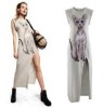  New Womens Cat Printing Unilateral High Slit Light Gray Sundress Dress Sz L 