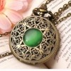  New Green Mineral Glass Plated Hollow Cover Men Lady Pocket Necklace Watch W648E 