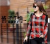  Korean Version of The Long Section Bat Sleeve Casual Plaid Long Sleeved T Shirt 