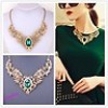  Hot Lady's Gold Plated Green Crystal Hollow Out Flower Pattern Choker Necklace 