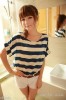  Vogue Womens Girl Batwing Short Sleeves Chiffon Blue Striped Top Blouse Shirt 